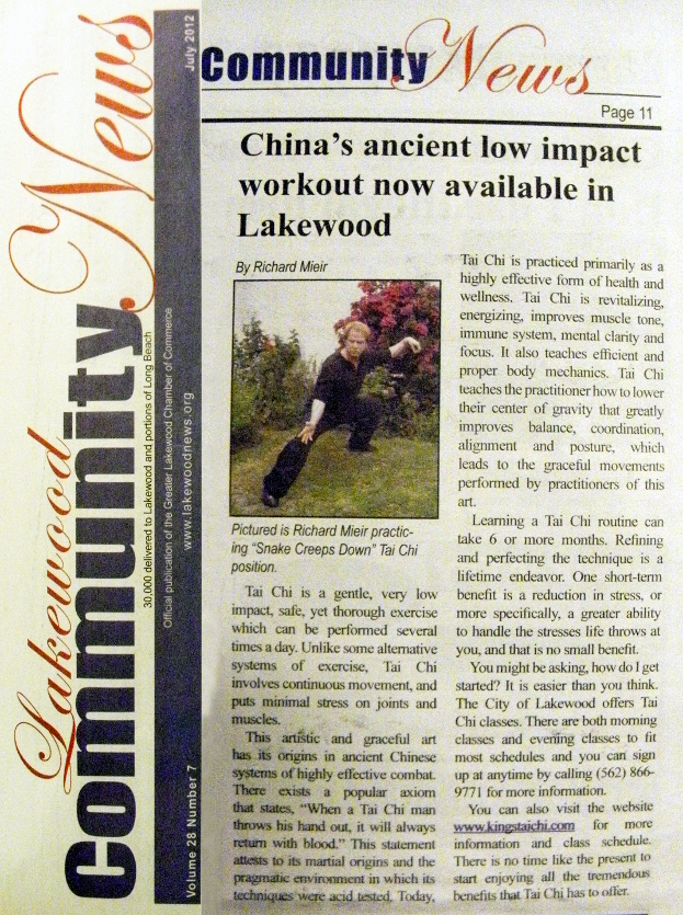 Lakewood News Tai Chi Article, Mieir King Kung Fu and Tai Chi Chi Kung